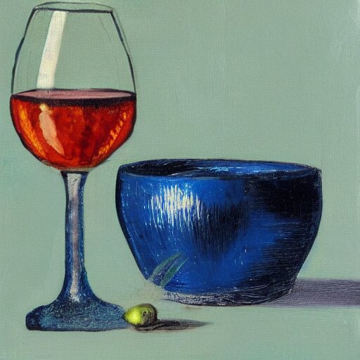 classic still life painting of a wine glass and pot