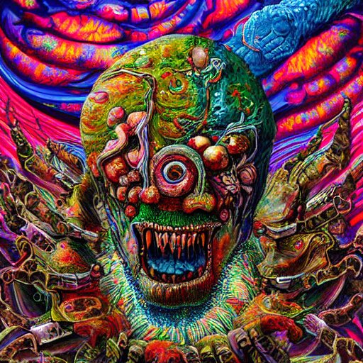 a high hyperdetailed painting with complex textures of a group of deformed monsters united within a larger monster, made of candies and psychotropic psychoactive substances cosmic psychedelic fulcolor spiritual chaos surrealism horror bizarre psycho art 