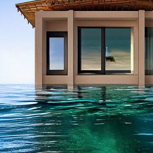 a house half submerged in the ocean. 