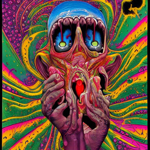 a hyper - detailed fine painting of the scream of paranoia and funny pain, cosmic horror psychedelic weird bizarre art 