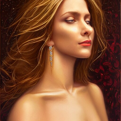 Facial portrait of a gorgeous girl, looking away from the camera, seductive smile, heavy gold jewellery, gold and diamond necklaces, elegant revealing intricate dress, sparkle in eyes, lips slightly parted, long flowing hair, no hands visible, delicate, teasing, arrogant, defiant, bored, mysterious, intricate, extremely detailed painting by Mark Brooks (and by Greg Rutkowski), visible brushstrokes, thick paint visible, no light reflecting off paint, vibrant colors, studio lighting