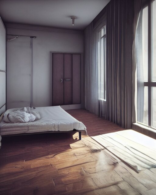 one room apartment, bed, kitchen, door to balcony, cramped, unreal engine 5, hyper realism, realistic shading, cinematic composition, blender render, octane render, hdr, detailed textures, photorealistic, wide shot 