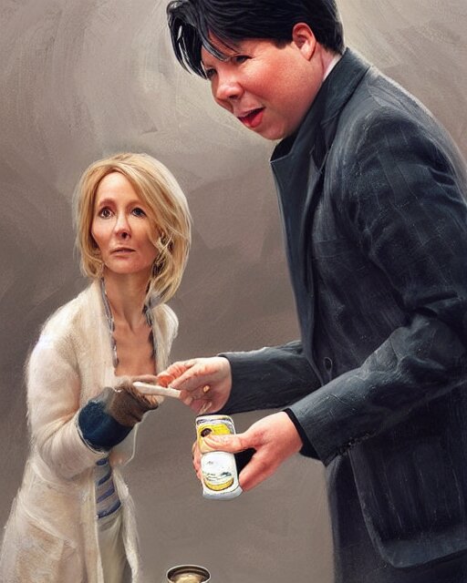 j k rowling & michael mcintyre holding a ring pull can of sardines, elegant, real life skin, intricate, high detailed, artstation, concept art, smooth, sharp focus, art by artgerm and greg rutkowski 