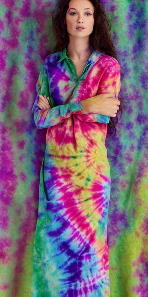 a beautiful woman model dressed in a tie - dye dress, studio photo, hyperrealistic 