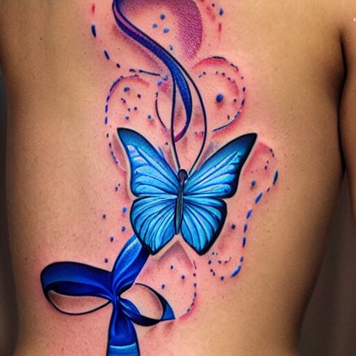 tattoo design, stencil, traditional, big blue diabetes ribbon transforming into a butterfly, upper body, by artgerm, artgerm, digital art