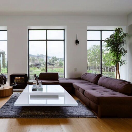 A modern living room with 2 sofas facing each other with a white marble table in the center, on the left side of the living room there is a floor to ceiling glass window while on the right side of the living room there are wooden stairs that lead to the second floor, 8k resolution