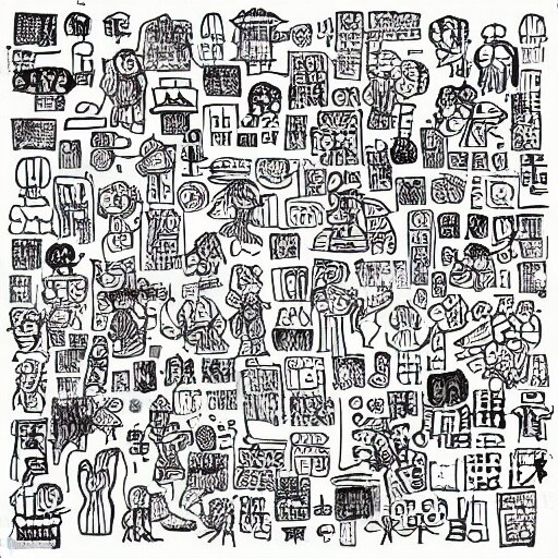 black and white composition of a variety of doodles, drawings, faces, symbols, cartoons, lineart, chinese ink brush 