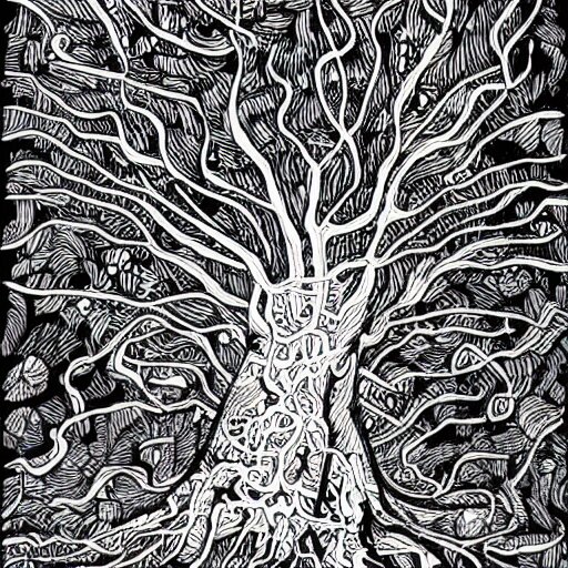 black and white ink doodle illustration of an ancient tree floating in outer space, overgrown with funghi, style by peter deligdisch, peterdraws 