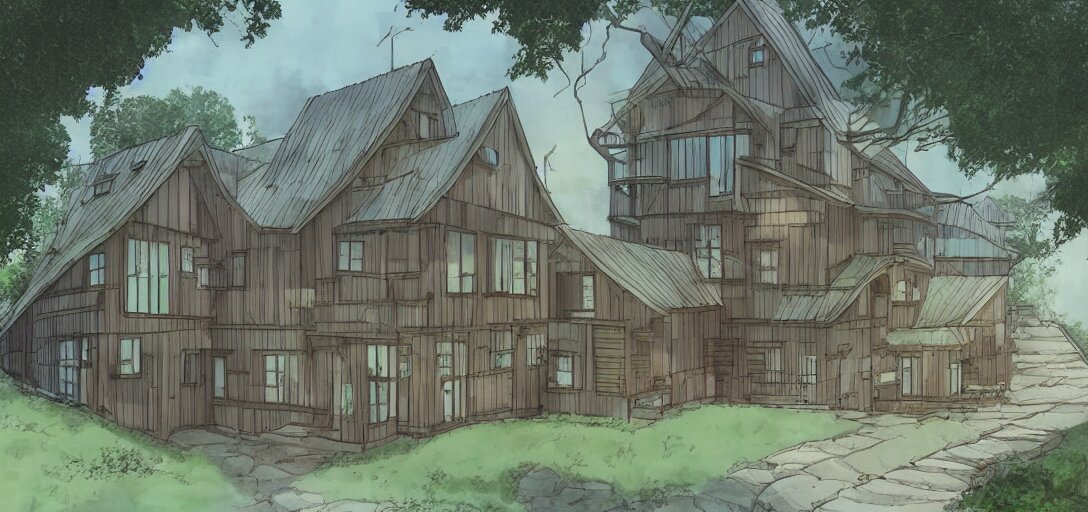 Ghibli style modern house architecture