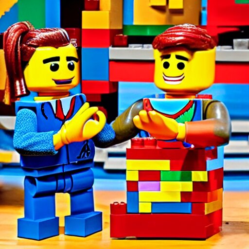 Bert and Ernie from Sesame Street build a Lego set together