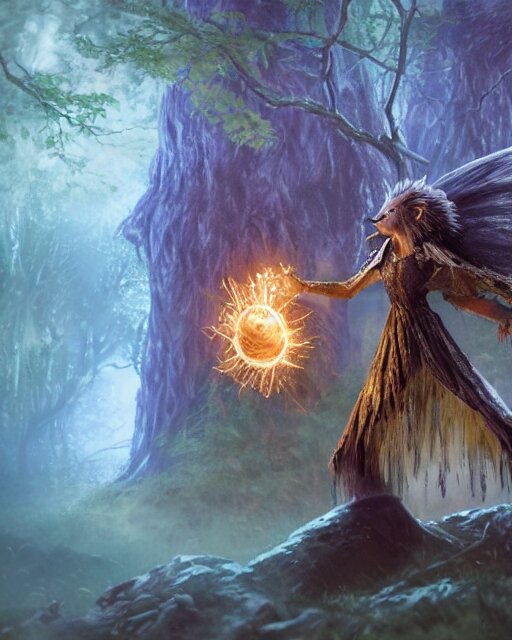 Hedgehog magus, gaia, nature, fairy, forest background, magic the gathering artwork, D&D, fantasy, cinematic lighting, centered, symmetrical, highly detailed, digital painting, artstation, concept art, smooth, sharp focus, illustration, volumetric lighting, epic Composition, 8k, art by Akihiko Yoshida and Greg Rutkowski and Craig Mullins, oil painting, cgsociety