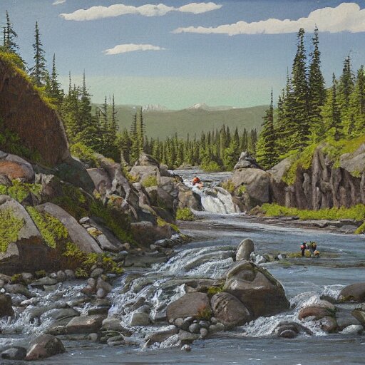 tardigrade fishing for salmon at Brooks Falls in Alaska, landscape painting by Moran and George Caitlin