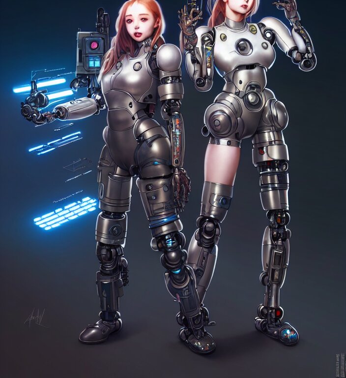 full body painting of chuu loona cyberpunk mercenary smiling and fighting a robot, ultra realistic, concept art, intricate details, eerie, highly detailed, photorealistic, octane render, 8 k, unreal engine. art by artgerm and greg rutkowski and magali villeneuve and alphonse mucha 