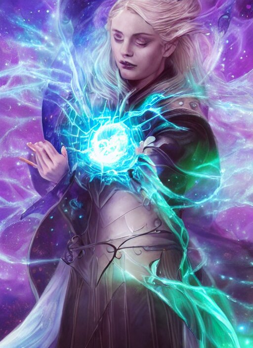 in the style of throne of glass book cover, female magician casting a spell with fireballs in her hands, blue and green magic lights aura, a portal with elvish symbology opened, d & d, fantasy, highly detailed, digital art, trending on artstation, smooth, sharp focus, illustration, art by artgerm and hirokazu yokohara, greg rutkowski, alfonse mucha 