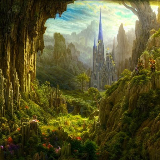 a beautiful and highly detailed matte painting of a beautiful cathedral in a magical fantasy valley in the mountains, psychedelic trees and plants and flowers, celtic vegetation, epic scale, insanely complex, hyperdetailed, sharp focus, hyperrealism, artstation, cgsociety, 8 k, bright colors, by caspar friedrich, albert bierstadt, james gurney, brian froud, 