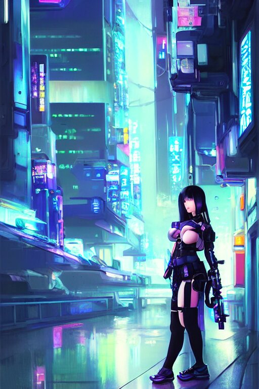 portrait futuristic kawaii cyberpunk female police, in heavy rainning futuristic tokyo rooftop cyberpunk night, ssci-fi, fantasy, intricate, very very beautiful, elegant, neon light, highly detailed, digital painting, artstation, concept art, soft light, hdri, smooth, sharp focus, illustration, art by tian zi and craig mullins and WLOP and alphonse mucha