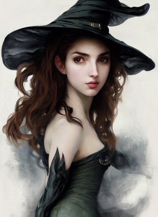 character concept portrait of anna de armas as a witch with a big black pointy hat casting a spell, a floating burning love potion in the center, intricate, elegant, digital painting, concept art, smooth, sharp focus, illustration, from Metal Gear, by Ruan Jia and Mandy Jurgens and William-Adolphe Bouguereau, Artgerm