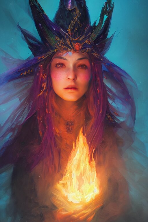 a fancy portrait of a beautiful dark magician women wearing a great witches hat covered in colourfull flames by Greg Rutkowski, Sung Choi, Mitchell Mohrhauser, Maciej Kuciara, Johnson Ting, Maxim Verehin, Peter Konig, final fantasy , mythical, 8k photorealistic, cinematic lighting, HD, high details, atmospheric,