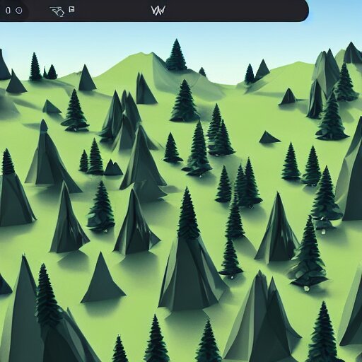 a forest of 3d low poly trees with the mountains in the background, high quality, mobile game