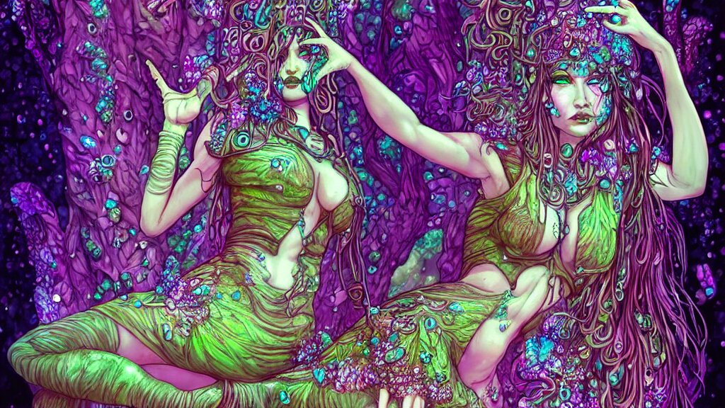 mushroom goddess, overgrown nature, dripping crystals, full body dynamic pose, attractive form, psychedelic dmt deity, high detailed illustration, cyber goth pin up girl, visionary art, fully colored and rendered 