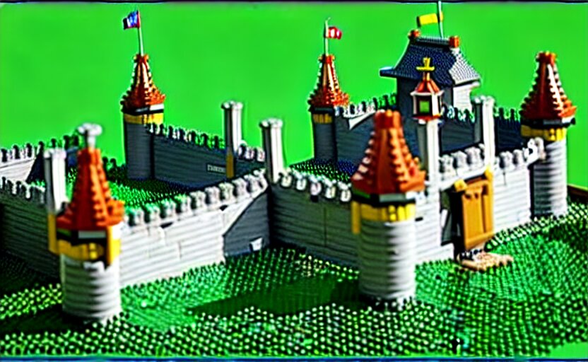 a realistic detailed accurate Lego set of a medieval French castle on a green hill