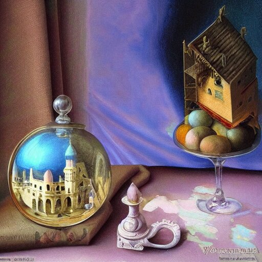 still life painting of a miniature tabletop castle under a glass dome, by paulette tavormina and vermeer, intense pastel colors, hyper realistic, detailed, beautiful bright lighting 