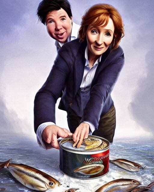 j k rowling & michael mcintyre holding a ring pull can of sardines, elegant, real life skin, intricate, high detailed, artstation, concept art, smooth, sharp focus, art by artgerm and greg rutkowski 