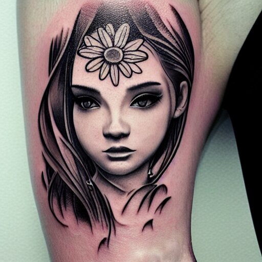 tattoo design, stencil, portrait of a girl by artgerm, symmetrical face, beautiful, daisy flower 