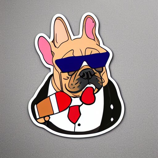 sticker art of a french bulldog in a suit eating a candy bar with a fork and knife at a fancy restaurant by ed roth 