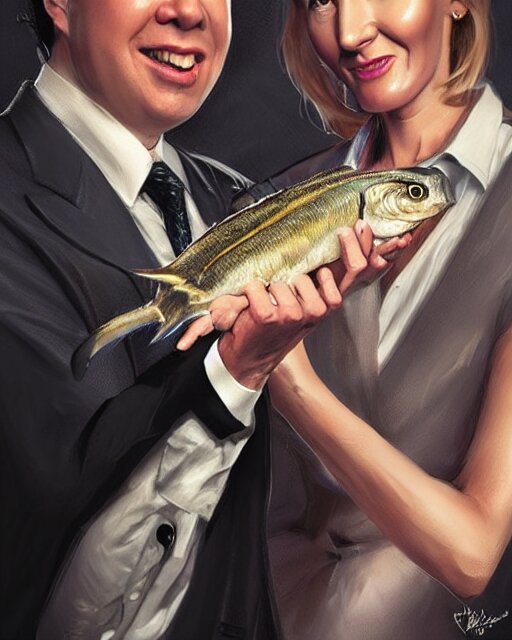 j k rowling & michael mcintyre holding a ring pull can of sardines, elegant, real life skin, intricate, high detailed, artstation, concept art, smooth, sharp focus, art by artgerm and greg rutkowski 