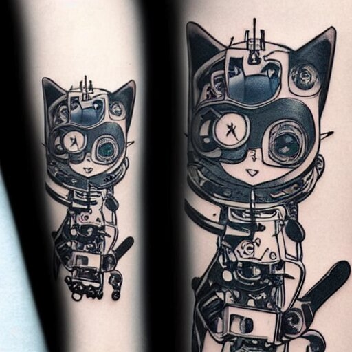 Anime manga robot!! cat tattoo, cyborg cat, exposed wires and gears, fully robotic!! cat, manga!! in the style of Junji Ito, Hayao Miyazaki and Naoko Takeuchi, cute!! chibi!!! cat, tattoo on upper arm, arm tattoo