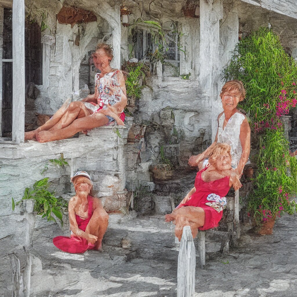 a beautiful woman with freckles sitting on the porch, caribbean, digital art