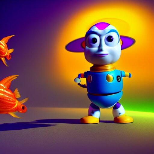 buzz light year without a head!!! with a goldfish swimming inside the visor!!! christi du toit style, octane render, artistic, vibrant colors, award winning, unreal engine, houdini render, studio light 