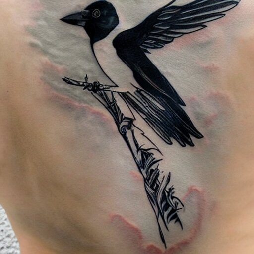 back piece tattoo of a magpie flared out holding a pennant in it's claws, high detail 