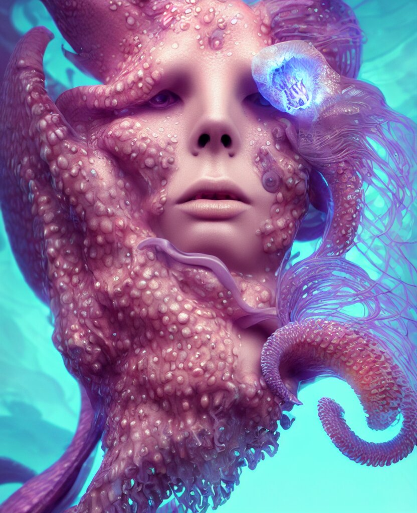 goddess close-up face portrait. chimera orchid jellyfish phoenix head, nautilus, skull, betta fish, bioluminiscent creatures, intricate artwork by Tooth Wu and wlop and beeple. octane render, trending on artstation, greg rutkowski very coherent symmetrical artwork. cinematic, hyper realism, high detail, octane render, 8k