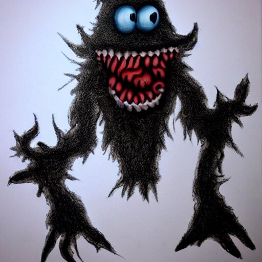 demonic cookie monster, evil, portrait, scary, creepy. detailed. realistic. 