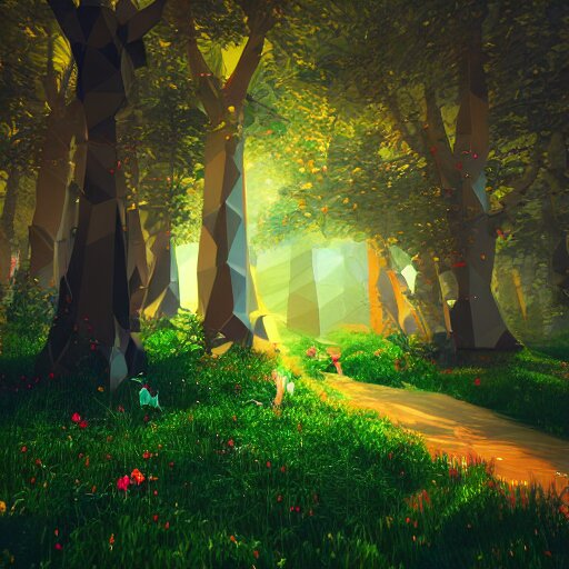 low poly landscape of a magical enchanted forest, digital render 