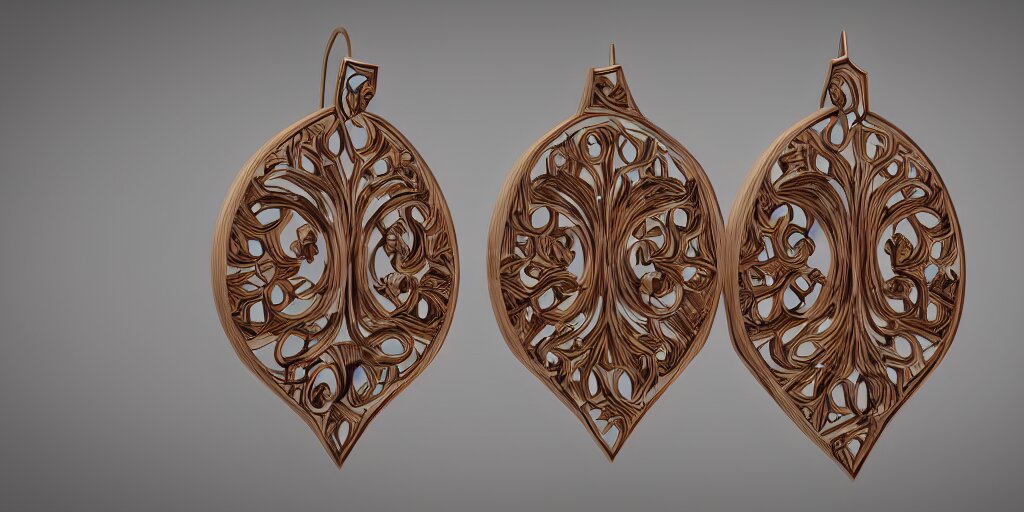 earring design, jewelry design, wood, nordic, art deco, intricate, elegant, material, product design, trending on artstation, cgsociety, photo realistic, design by ziva cph and isabel lennse and kalevala, 8 k, unreal engine, c 4 d 