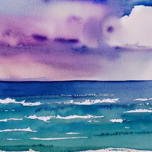 a beautiful watercolor painting of a beautiful ocean with peaceful fluffy clouds in the sky 