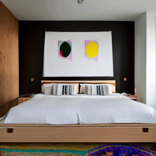 Bedroom with Minimalistic Art on the walls, white furniture, Multi colored Mandala Rug, big windows with sunlight coming in