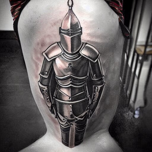 A knight in armor, tattoo, tattoo art, Black and grey tattoo style