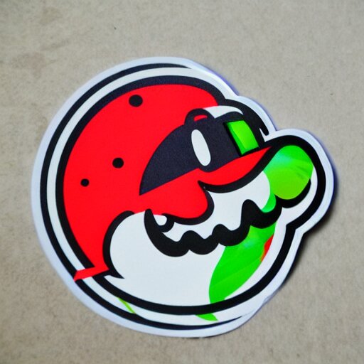 die cut sticker, yoshi wearing mario's mustache, splatter paint 