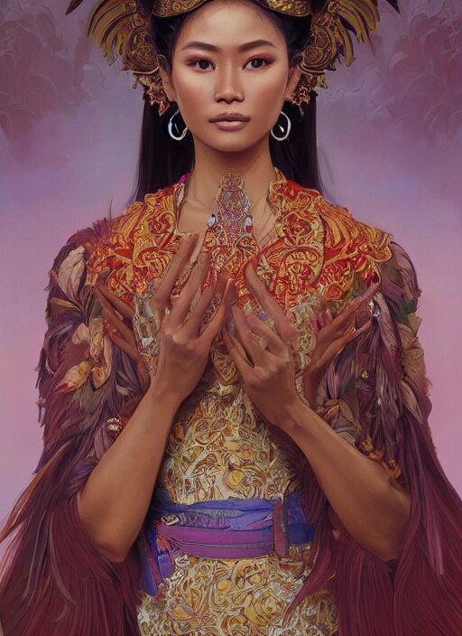 portrait of an indonesian supermodels wearing traditional costume, highly detailed, digital painting, artstation, concept art, sharp focus, illustration, art by kittichai rueangchaichan and james gurney and alphonse mucha 