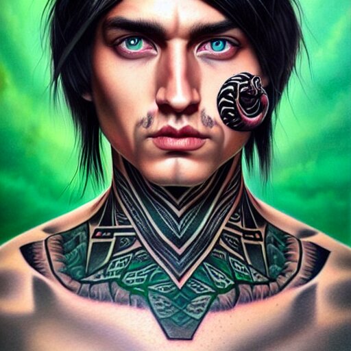 ultra realistic portrait painting of a perfect handsome man green eyes black and grey hair, neck tribal snake tattoo,  painted by Tristan Eaton Stanley Artgerm and Tom Bagshaw