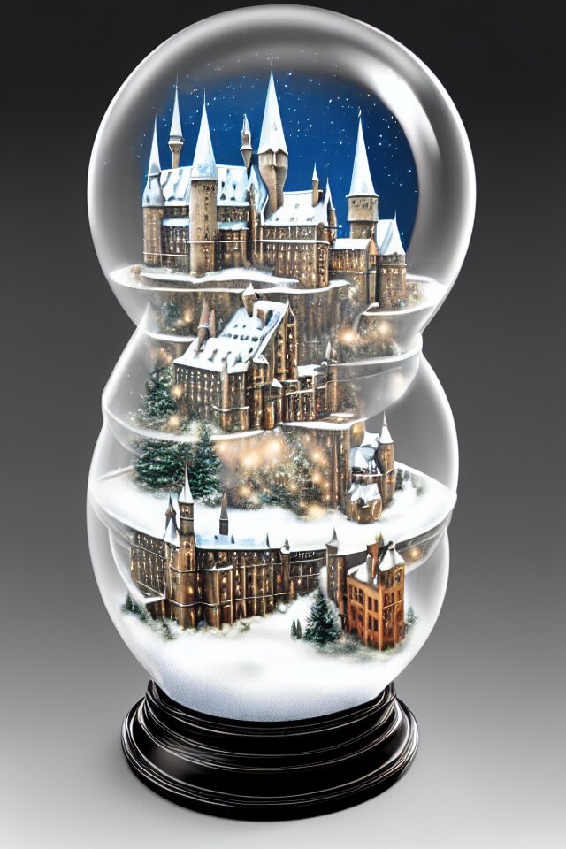 an achingly beautiful print of one snow globe with hogwarts inside by raphael, hopper, and rene magritte. detailed, proportional, romantic, vibrant, enchanting, trending on artstation 