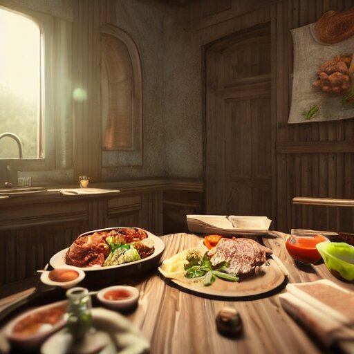 what's for dinner? unreal 5, daz, hyperrealistic, octane render cinematic volume inner glowing aura global illumination ray tracing hdr 