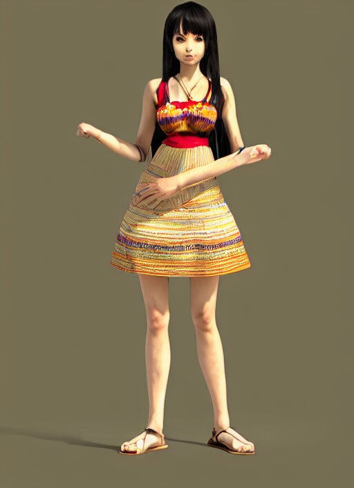 beautiful anime girl wearing summer assamese mekehela bihu style floral gamosa dress ; flirtatious, boho - chic, sleeveless, elegant, short skirt length, slimmer demeanor, plethora of colors ; mini dress, highly detailed cute face by wlop ; octane render, unreal engine 5, symmetrical, high coherence, hdr fabric textures 