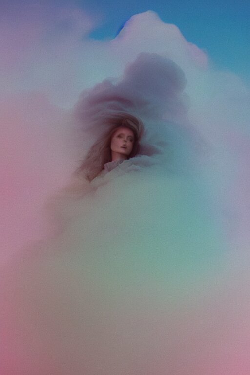 high quality pastel coloured film close up wide angle photograph of a model wearing clothing resting on cloud furniture in a icelandic black rock!! environment in a partially haze filled dreamstate world. three point light, rainbow. photographic production. art directed. pastel colours. volumetric clouds. pastel gradient overlay. waves glitch artefacts. extreme facial clarity. 8 k. filmic. 