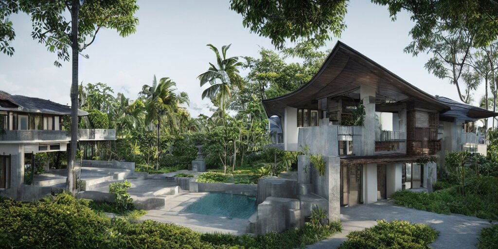 3d rendering  of beautiful nature meets architecture concept of a residential house. balinese architecture, volumetric lighting, luxury, high detail, 14mm, cinematic photography, cg architects,  high resolution