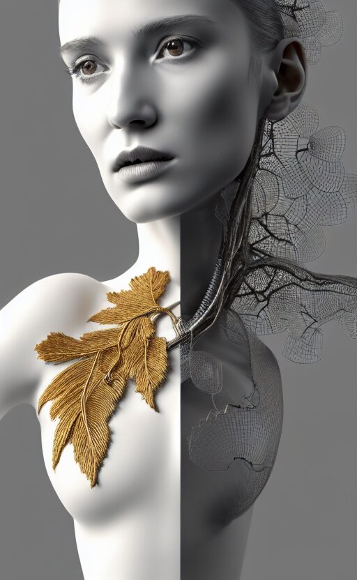 complex 3 d render hyper detailed ultra sharp of a beautiful porcelain profile woman face, mechanical cyborg, 1 5 0 mm, beautiful abundant natural soft light, rim light, studio light, big autumn leaves and stems, sinuous roots, fine foliage lace, silver gold filigree details, alexander mcqueen high fashion haute couture, pearl earring, art nouveau fashion embroidered, steampunk, mesh wire, hyperrealistic, mandelbrot fractal, anatomical, red lips, white metal armor, facial muscles, cable wires, microchip, elegant, octane render, h. r. giger style, 8 k 